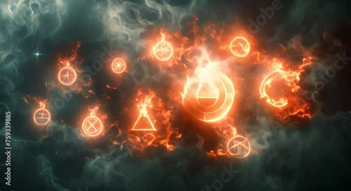 Arcane symbols and sigils floating in a dark void photo