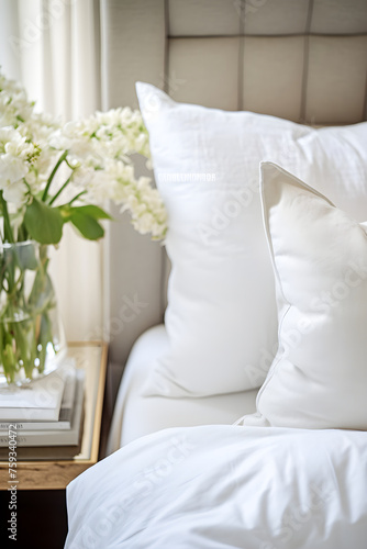 Peaceful and Comforting Bedroom Scene with Plush White Duvet and Luxurious Pillows