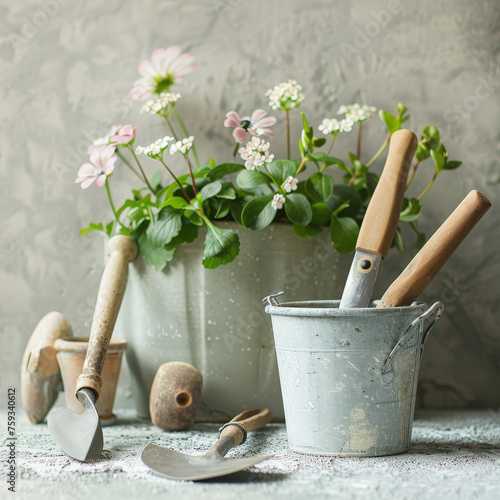 Spring Gardening Setting with Horticultural Tools