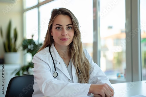 Close up portrait of a friendly female doctor in a white coat sitting at a table and looking at the camera, in a modern office with a blurred background