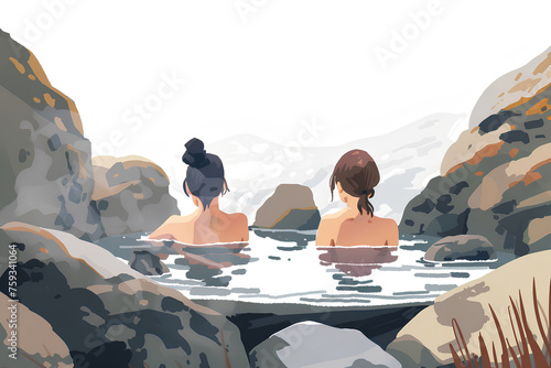 温泉に浸かる2人の女性-イラスト