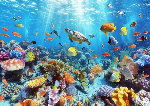 Colorful Underwater Coral Reef with Variety of Marine Life and Sun Rays Filtering Through Water