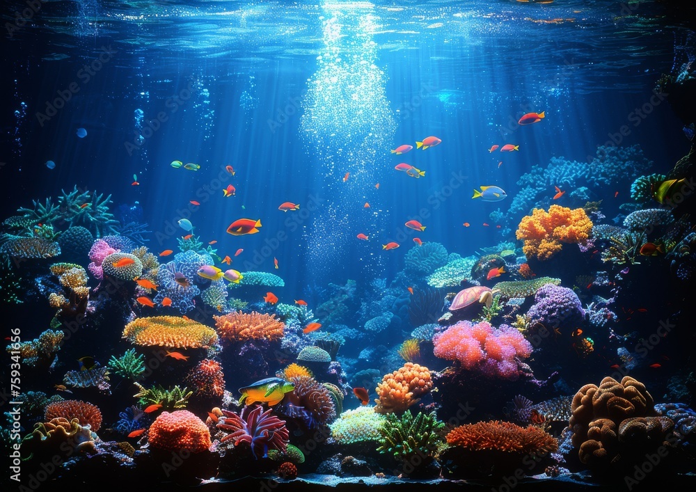 Mystical Underwater World with Colorful Corals and Fish with Sun Rays Penetrating the Deep Blue Sea