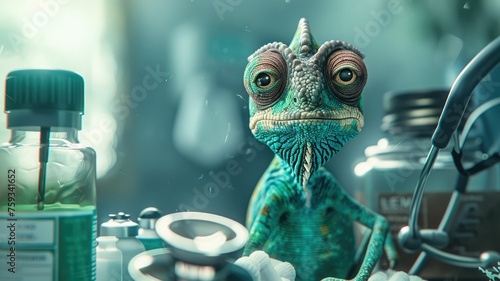 Inquisitive reptile in a scientific setting - Close-up of a chameleon with a focused expression surrounded by laboratory glassware, symbolizing exploration and discovery photo