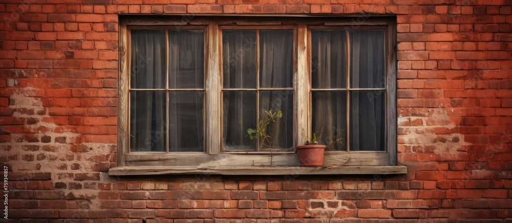 House window filled with wooden boards and red bricks House window filled with wooden boards and red bricks