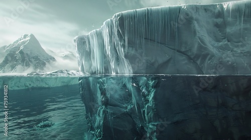 A compelling 3D rendering depicting the perilous underside of an iceberg submerged in frigid polar waters