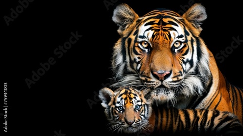 Male tiger and cub portrait with space for text, object on side for balanced composition
