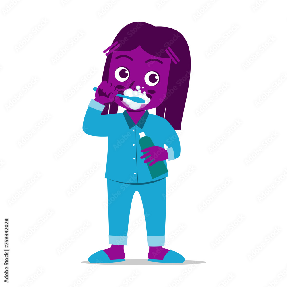 Cute little girl brushing teeth and holding toothpaste