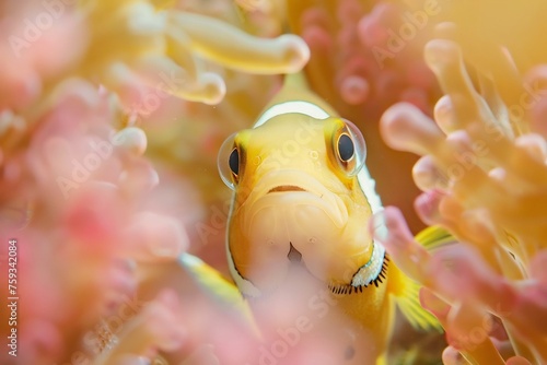 A closeup shot of a clownfish peeking out from its yellow and white hued home in the coral reef, surrounded by soft pink sea plants
