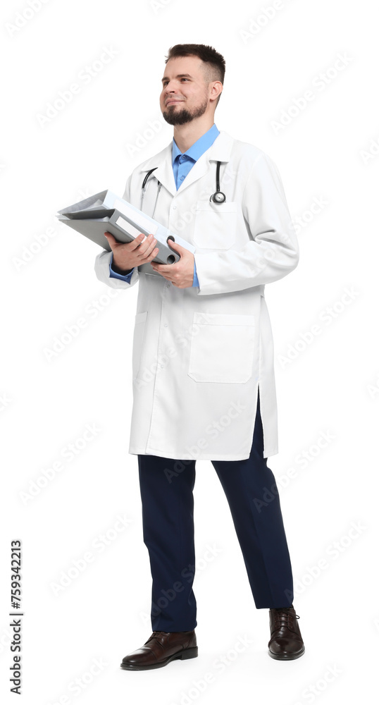 Doctor in coat with folders on white background Doctor in coat with folders on white background