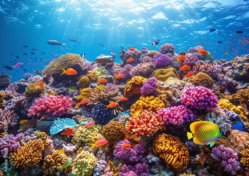Colorful Coral Reef with Sun Rays and Diverse Fish, Underwater Paradise, Ecosystem in Tropical Ocean