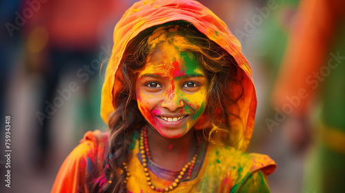 Close-Up of an Indian Girl, Face Splashed with Vibrant Colors, Holi Festival.