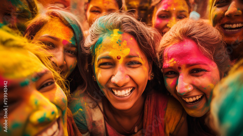Group of Indian Women Celebrating Holi with Vibrant Colors. Full of Joy and Happiness. 