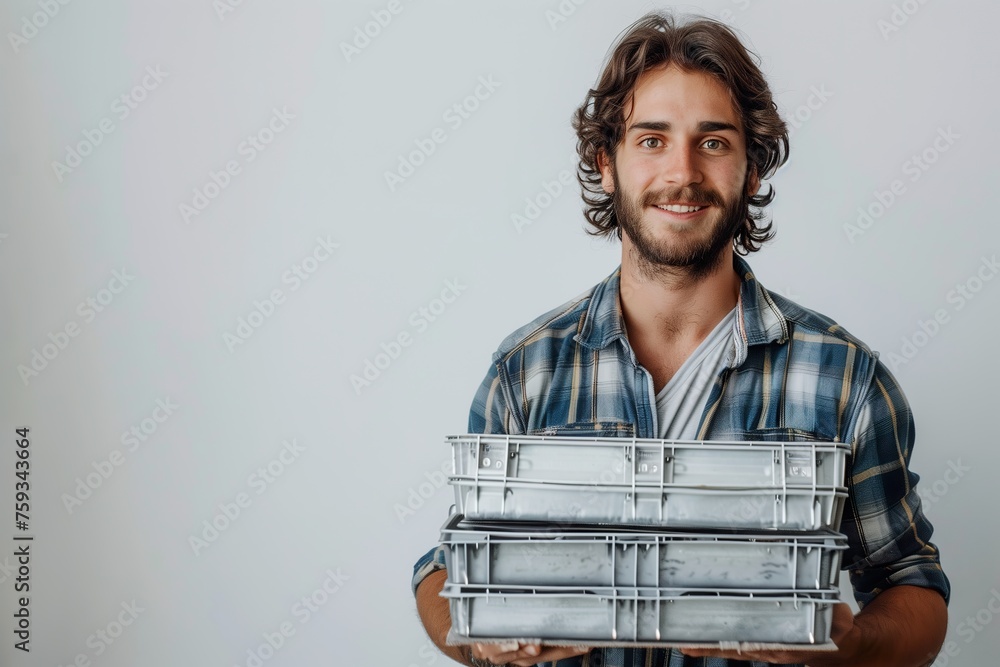 A young man skillfully balances a stack of crates in his hands, showcasing his strength and agility. A young man skillfully balances a stack of crates in his hands, showcasing his strength and agility.