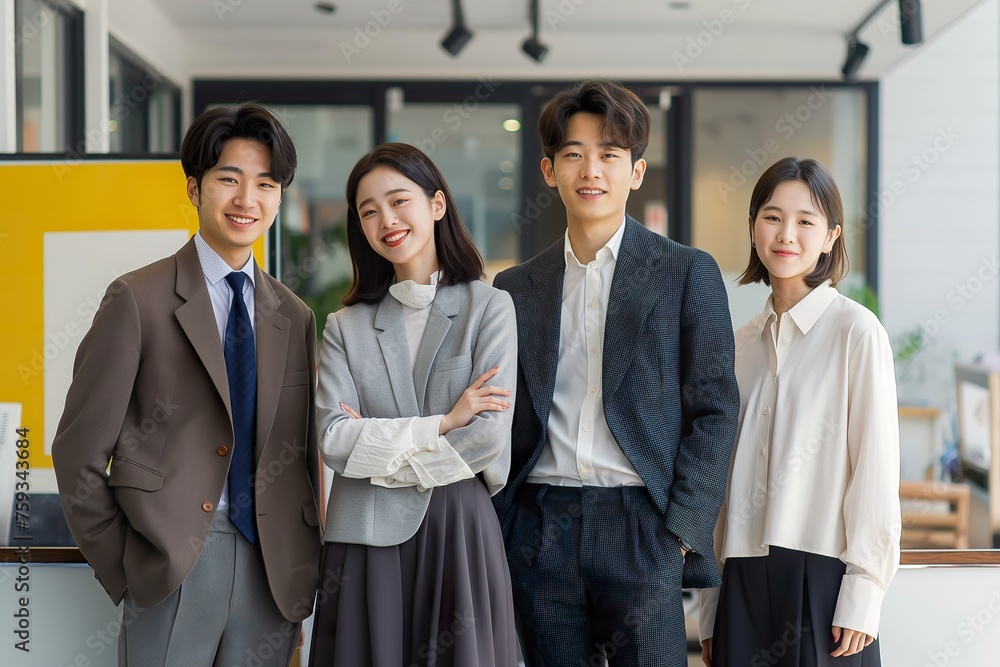 Diverse Korean business team stands closely together, embodying teamwork and collaboration. Diverse Korean business team stands closely together, embodying teamwork and collaboration.