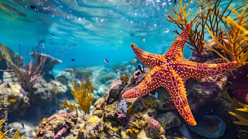 A captivating underwater vista showcasing a colorful starfish nestled among coral reefs and swaying sea plants