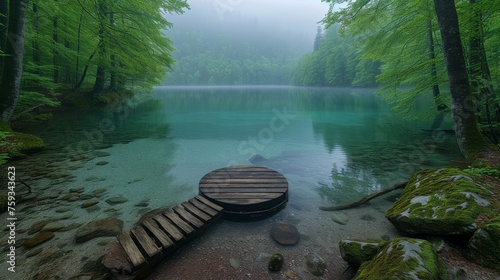 Wooden bridge spanning partway across tranquil river photo