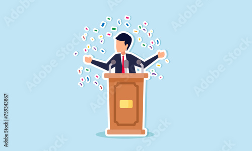 Confident public speaking entails charisma, gestures, voice modulation, and expressions to captivate the audience. A businessman speaks confidently on stage with podiums, microphones, and spotlights