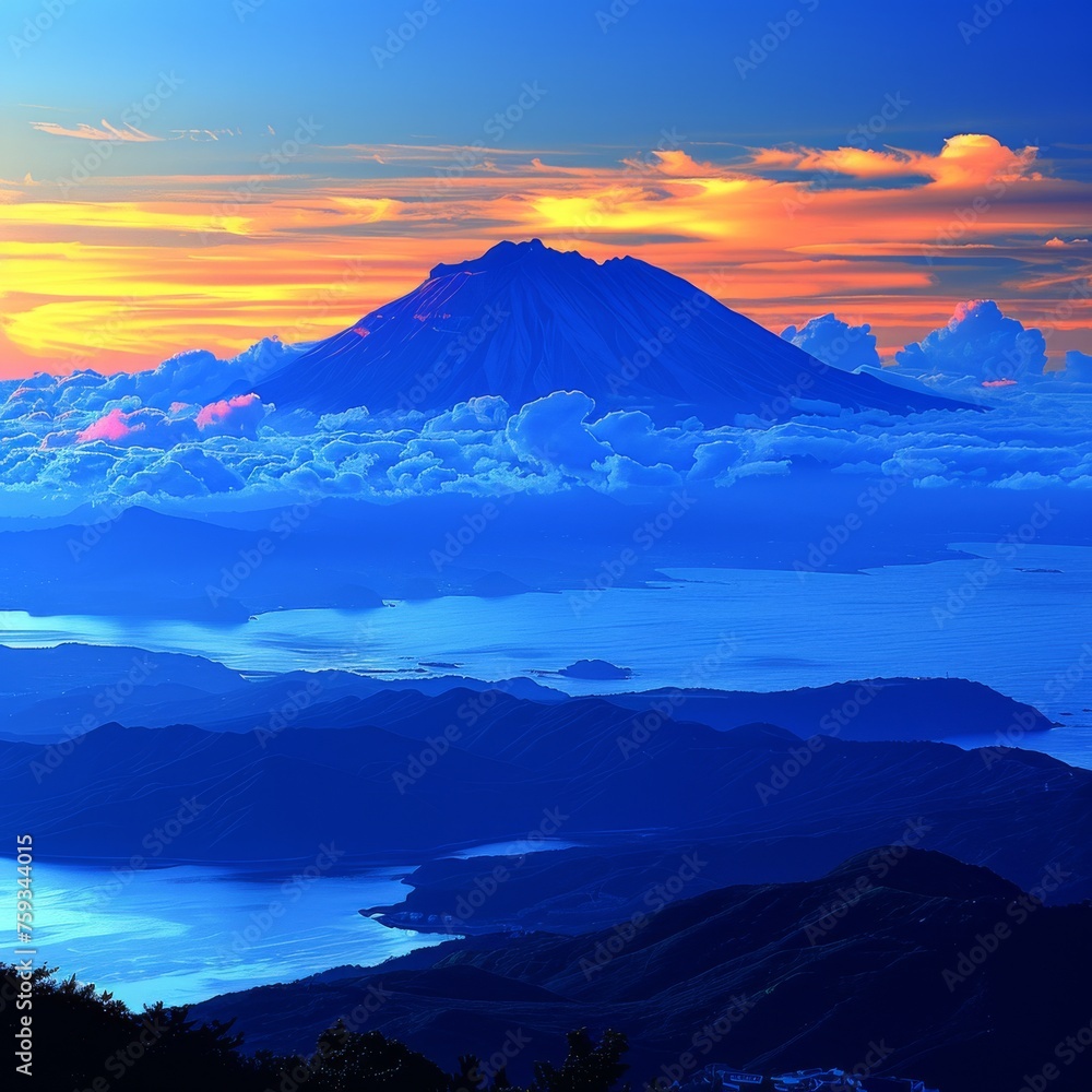 Vibrant Sunset Behind Mountain Ranges with Luminous Clouds and Overlooking Scenic Lake and Islands
