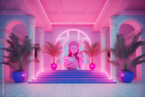 Fusion of eras, ancient and modern architecture High-detail, contrasting design philosophies visually merged, isolated, cold colors, synthwave, fortnite, retro interior design