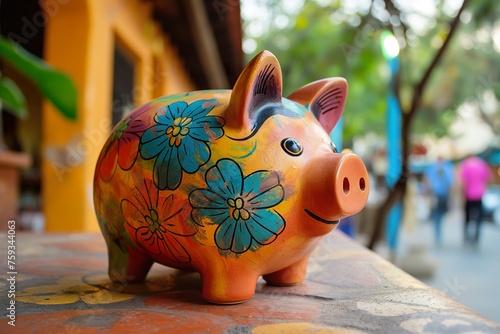A colorful pig figurine sits gracefully on a ledge, exuding charm with its bright hues and playful stance.