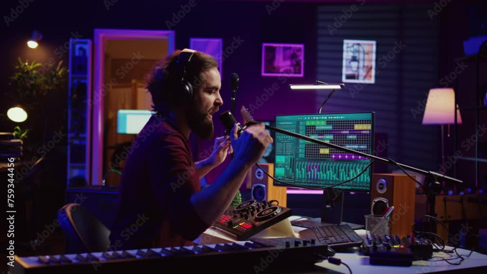 Music producer singing at home studio microphone to record songs, editing and adjusting volume levels in post production. Audio engineer conducts recordings of vocals, mixing console. Camera B. Music producer singing at home studio microphone to record songs, editing and adjusting volume levels in post production. Audio engineer conducts recordings of vocals, mixing console. Camera B.