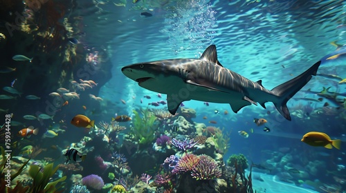 A captivating scene within a zoo aquarium, showcasing a diverse array of wild sea creatures