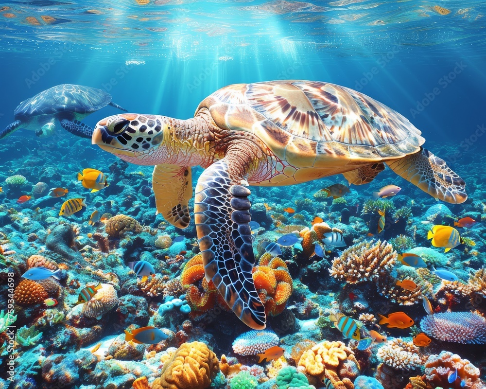 Sea Turtle Swimming Over a Bustling Coral Reef: Sunlight Bathes a Dynamic Underwater Landscape in Warm Hues Sea Turtle Swimming Over a Bustling Coral Reef: Sunlight Bathes a Dynamic Underwater Landscape in Warm Hues
