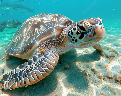 Close-Up of a Graceful Sea Turtle in Clear Ocean Water: A Portrait of Marine Elegance and Serenity Under the Sea