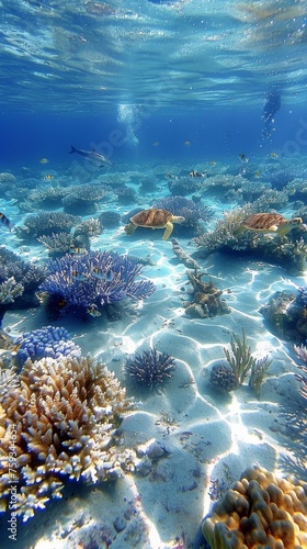 Sunlit Coral Reef Under the Sea: Vibrant Marine Life and Coral Gardens Highlighted by Natural Sunlight Penetration © Ross