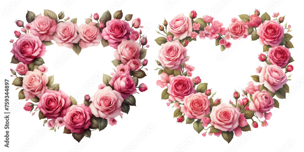 Pink rose heart-shaped wreath watercolor illustration material set