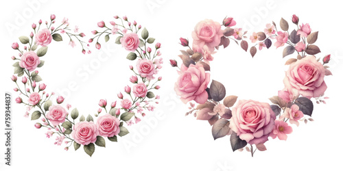 Pink rose heart-shaped wreath watercolor illustration material set