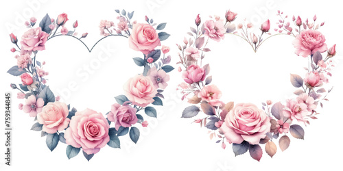 Pink rose heart-shaped wreath watercolor illustration material set photo