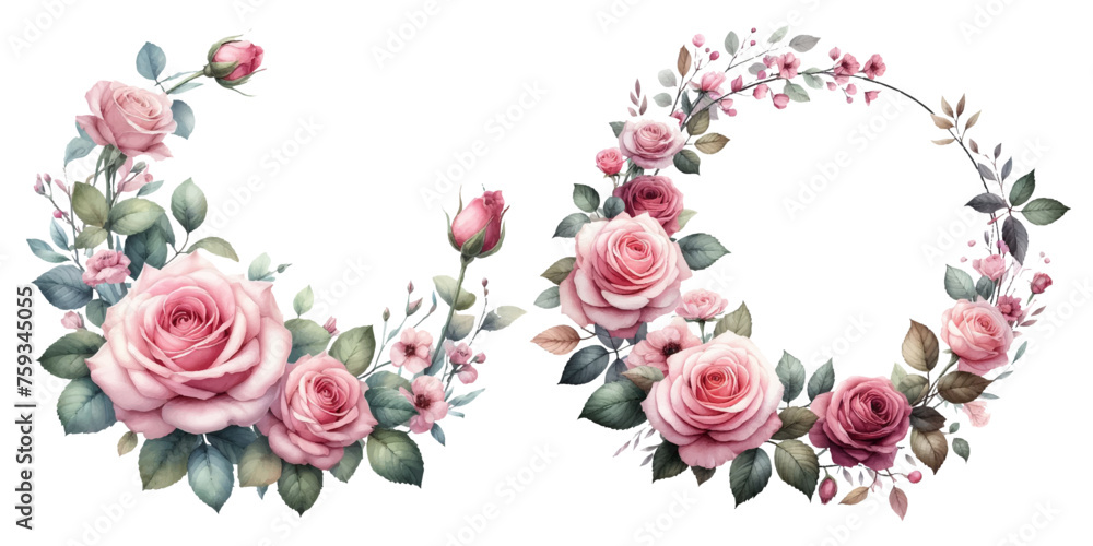 Pink rose wreath watercolor illustration material set