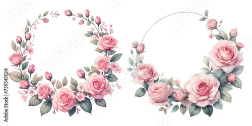 Pink rose wreath watercolor illustration material set photo