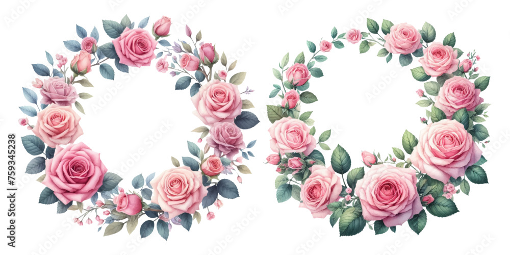 Pink rose wreath watercolor illustration material set Pink rose wreath watercolor illustration material set