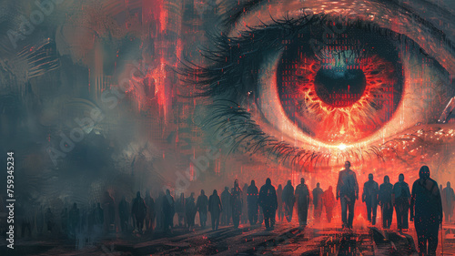 Eye overseeing a dystopian reality with masses - An omnipresent red eye oversees a dystopian scene filled with faceless masses, evoking themes of surveillance and control