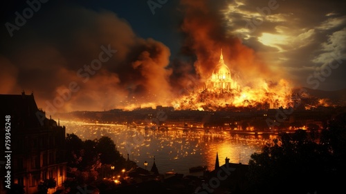 Fiery destruction of a historic building by river - An ominous scene of a grand historic building engulfed in flames under a night sky, overlooking a calm river