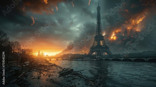 Fiery sunset behind the Eiffel Tower in chaos - A haunting image capturing the Eiffel Tower engulfed in flames and smoke against an apocalyptic sunset, with a river foreground