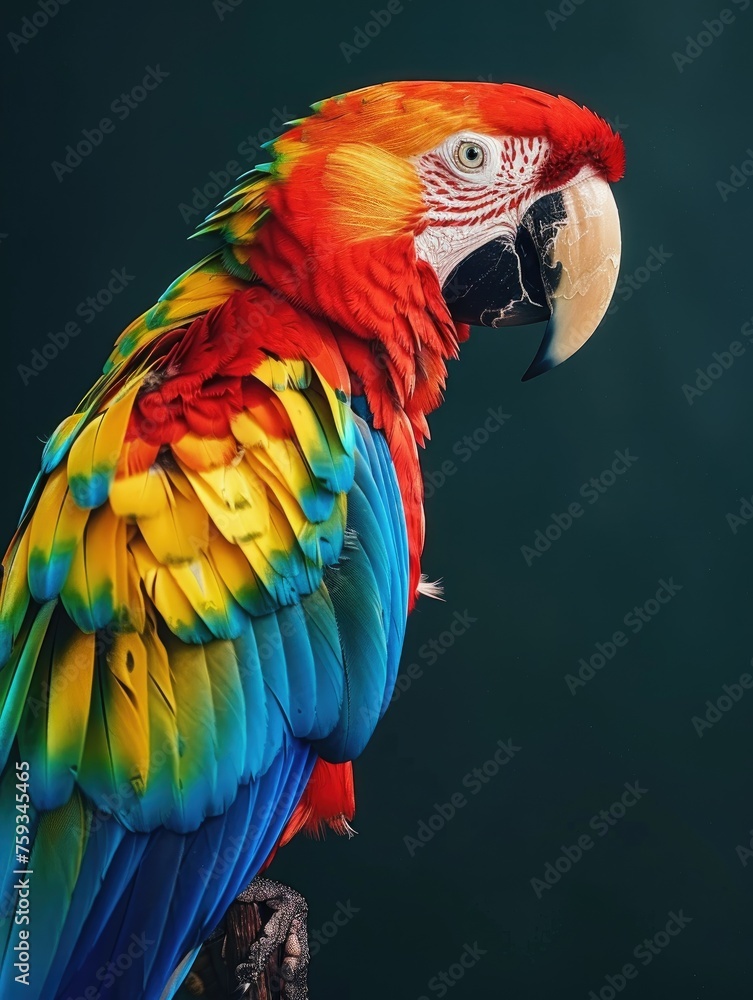 Harlequin macaw with a damaged beak - Stunning harlequin macaw with a visibly damaged beak poses against a dark background, highlighting its resilience