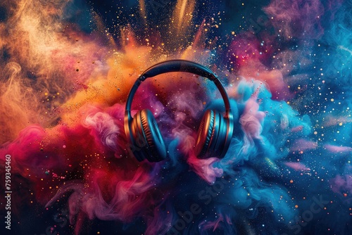 Headphones floating in cosmic dust clouds - Conceptual image of headphones in space with cosmic dust and vibrant colors suggesting the universal language of music