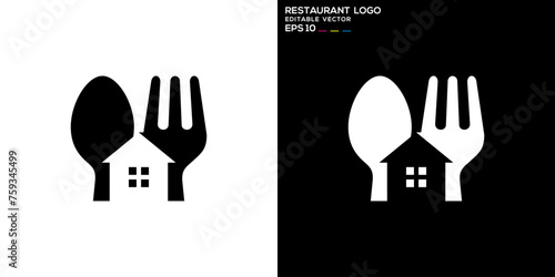 Vector design template of spoon and fork combined with house logo, restaurant, food stall, culinary, symbol icon EPS 10