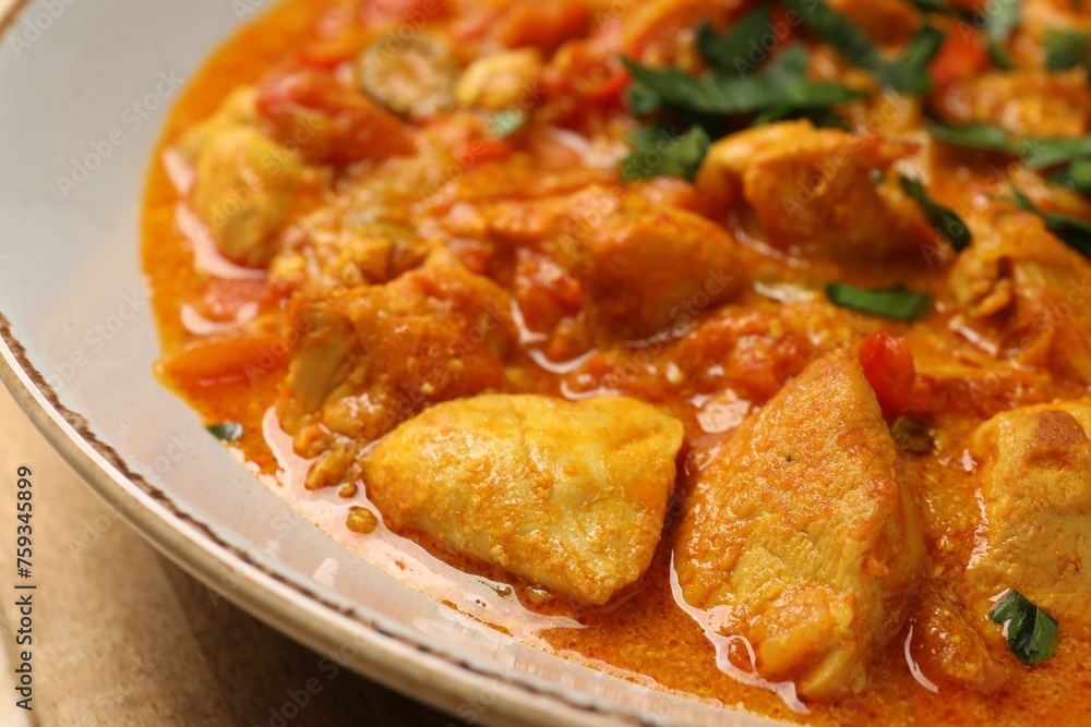 Delicious chicken curry with parsley on table, closeup Delicious chicken curry with parsley on table, closeup