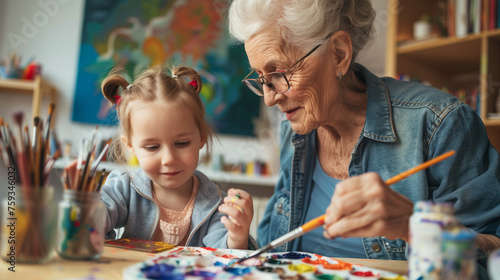 Grandmother And Granddaughter Painting Together