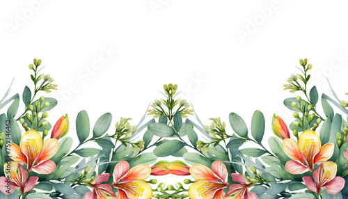 water color Fressia Flower with branch and leaves isolated on white background, corner border, PNG fressia flower