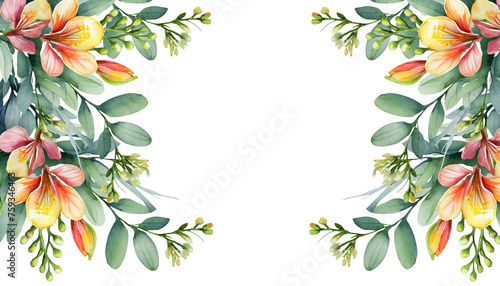 water color Fressia Flower with branch and leaves isolated on white background, corner border, PNG fressia flower