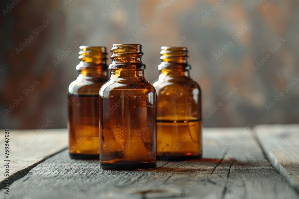 Three brown bottles of perfume are lined up on a wooden table