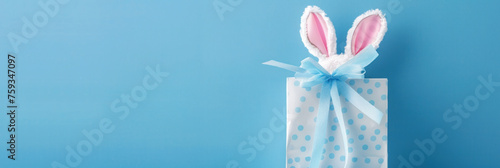 Banner with a gift bag with bunny ears on a blue background. The concept of online shopping for Easter © Kate Mayer