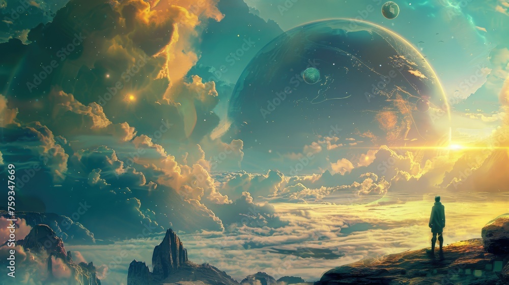 Person gazing at otherworldly landscape with planets - A lone figure ...