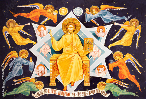 MILAN, ITALY - MARCH 6, 2024: The icon Jesus the Pantokrator and Teacher in the church Chiesa dei Santi Nereo e Achilleo by Iulian Rosu.